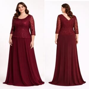 Mother of Bride Burgundy Maroon Lace Chiffon Formal Maxi Dress 3XL V Back Cruise